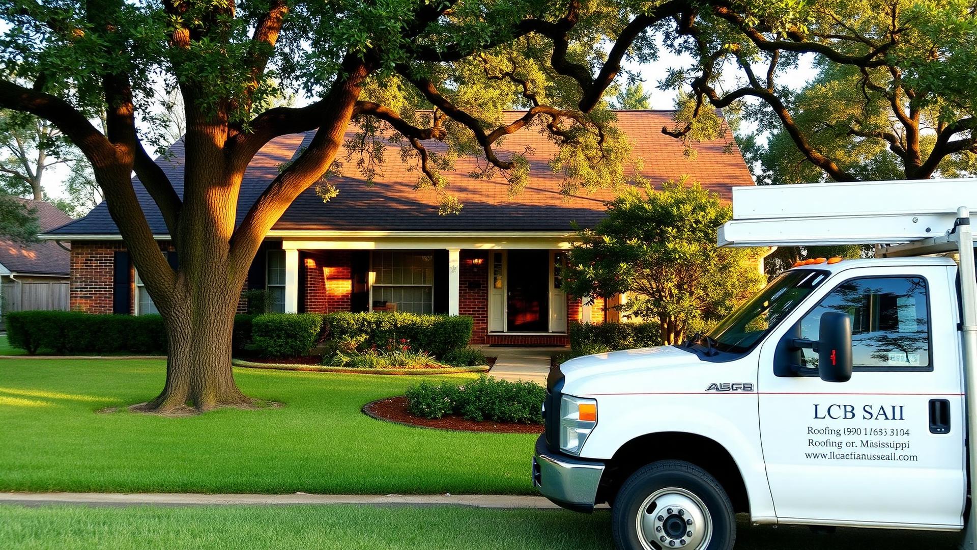 Shurden's Roofing work truck parked in front of a Southern brick home